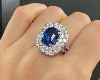 Blue Sapphire Ring, Unique Engagement Ring, Blue Sapphire Diamond Engagement Ring, Ring for Women, Cocktail Rings, Art Deco Ring, Halo Ring
