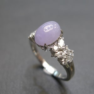 Lavender Purple Jade and Marquise Diamond Unique Engagement Ring 18K White Gold, Moissanite Lab Jewelry and Grown Diamond Wedding Ring