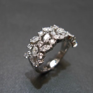 Three Rows Wide Marquise Cut Diamond Wedding Band Bridal Ring, Moissanite Laboratory Diamond Engagement Ring, Lab Grown Diamond Jewelry Gift