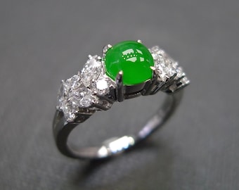 Jade Engagement Ring, Natural Jadeite and Marquise Diamond Unique Bridal Set Wedding Band Ring, Moissanite Lab Grown Diamond 14K Solid Gold