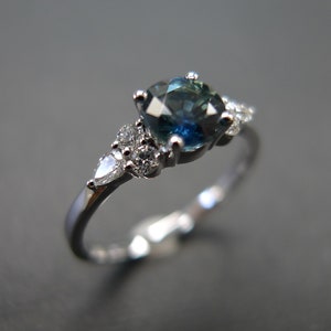 Teal Sapphire Diamond Ring, 14k White Gold Engagement Ring