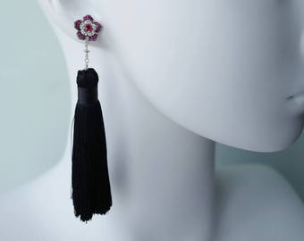 Ruby and Diamond Tassel Earrings made in 14K White Gold with Black Rhodium Plating