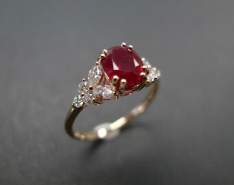 Oval Shape Natural Ruby with Marquise Diamond and Round Brilliant Cut Diamond Engagement Ring in 18K Yellow Gold