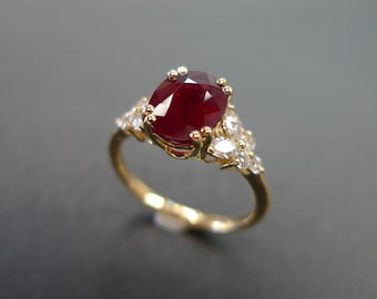 GRS Certified Oval Shape Natural Ruby with Marquise Diamond and Round Brilliant Cut Diamond Engagement Ring in 18K Yellow Gold