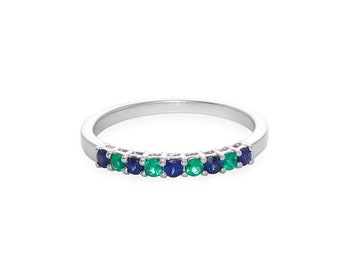 Natural Emerald and Blue Sapphire Wedding Ring Stackable Band Anniversary and Personalized Gift for Wife in White Gold