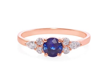 Blue Sapphire and Diamond Unique Engagement Ring in Rose Gold for Anniversary Gift, Pear Diamond Bridal Ring for Personalized Special Gift