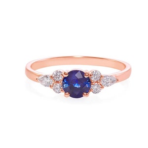 Blue Sapphire and Diamond Unique Engagement Ring in Rose Gold for Anniversary Gift, Pear Diamond Bridal Ring for Personalized Special Gift