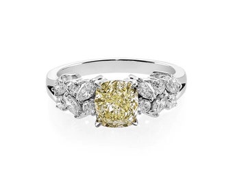 Cushion Cut Yellow Diamond Engagement Ring with Marquise Cut Diamond and Round Brilliant Cut Diamond, Minimalist Jewelry Anniversary Gift