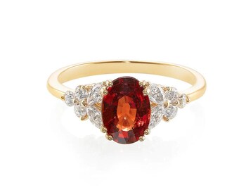 Orange sapphire and marquise cut diamond and round diamond unique engagement gold ring, minimalist jewelry anniversary gift for wife bridal