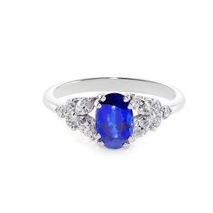 Blue sapphire and diamond engagement ring white gold, Minimalist ring set with marquise cut diamond and round brilliant diamond gift for her