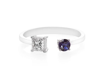 Unique Engagement Duo Open Ring with Double Stone of Round Cut Natural Blue Sapphire and Princess Cut Natural Diamond for Anniversary Gifts