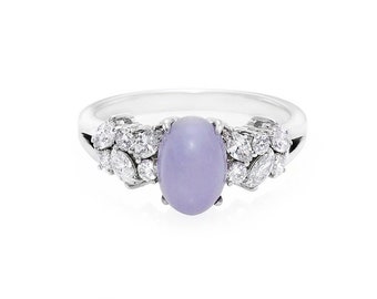 Natural Oval Purple Jade and Marquise Diamond Unique Engagement Ring in White Gold, Minimalist Jewelry Bridal Ring for Personalized gift