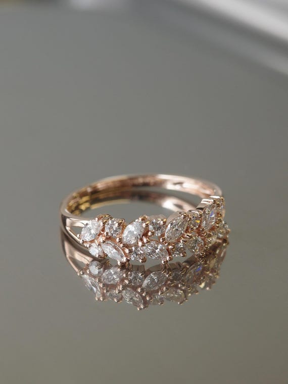 Marquise Diamond Wedding Ring 14K Solid Rose Gold | Unique Marquise and Round Lab Diamond Band | Fine Anniversary Stacking Moissanite Ring