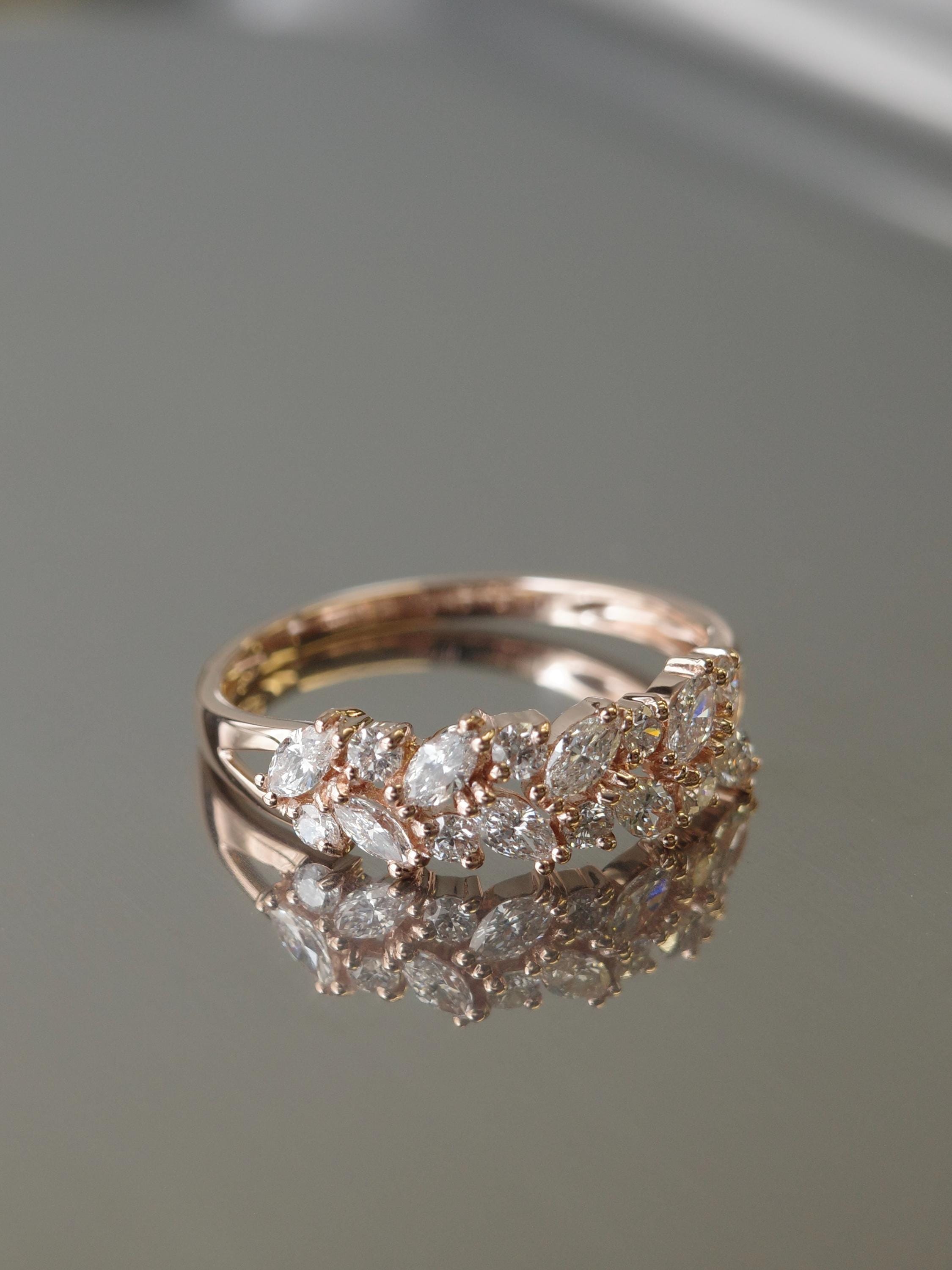 マーキスカットダイヤモンドの結婚指輪 14Kソリッドローズゴールド 