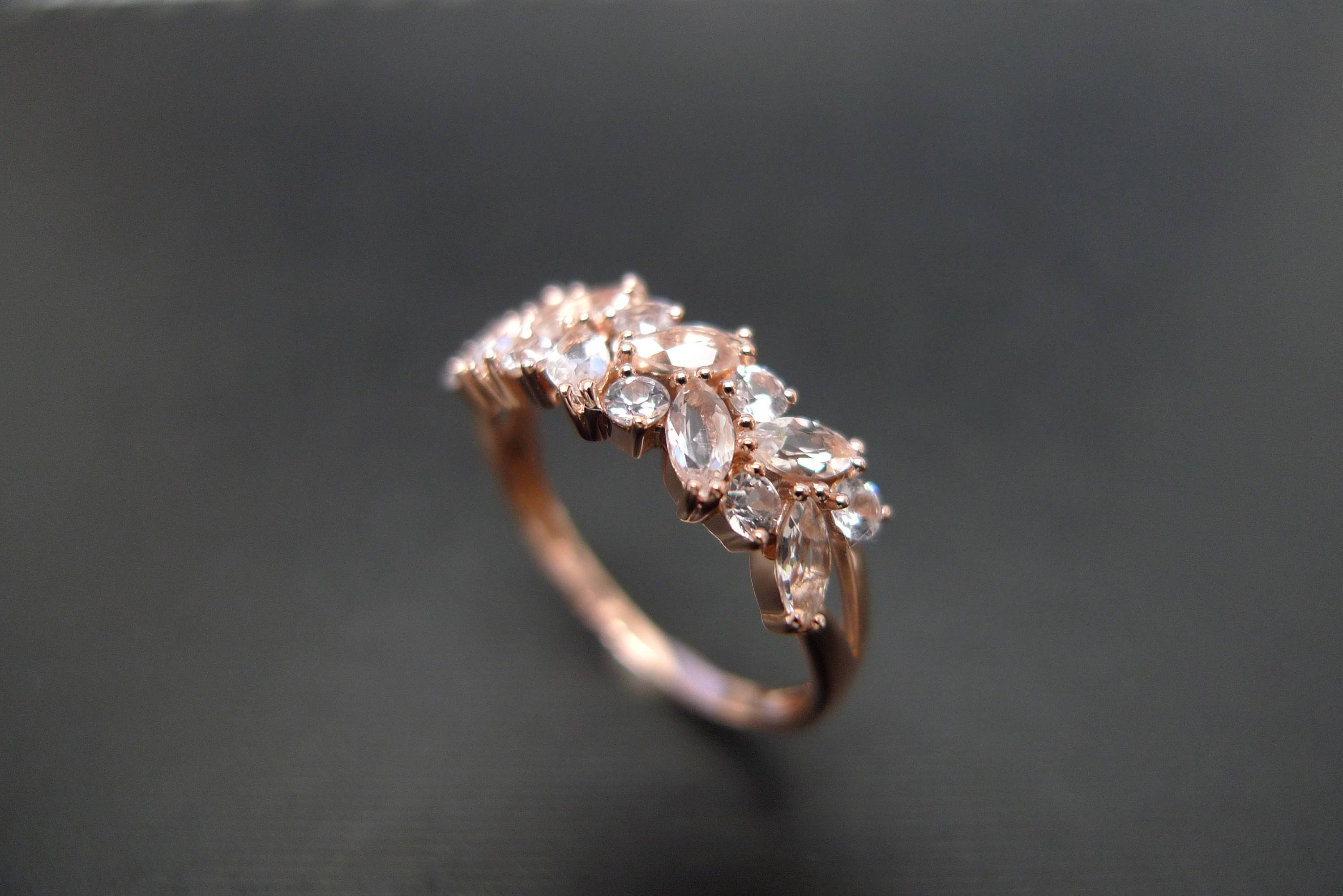 Champagne Marquise Morganite Wedding Ring, 14K Rose Gold Ring Set with Moissanite or Lab Diamond, Handmade Bridal Jewelry