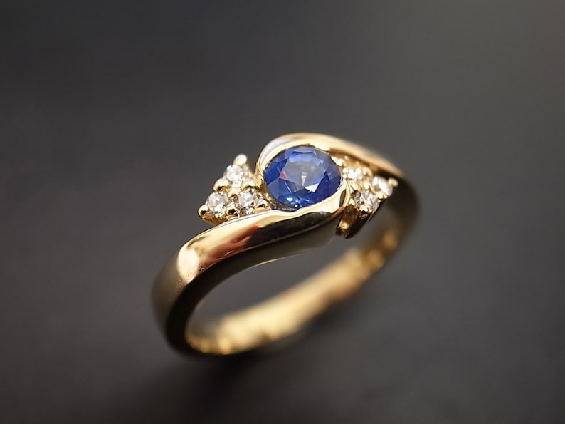 Diamonds Wedding Ring with Blue Sapphire in 14K Yellow Gold image 1