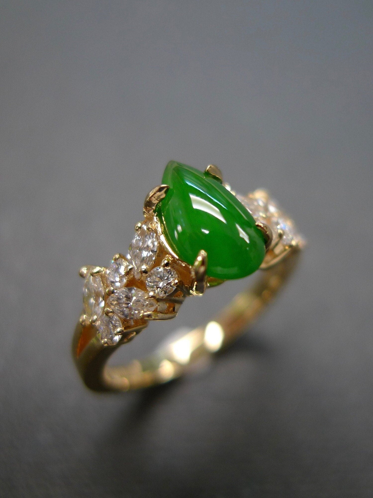Pear Green Jade Engagement Ring in 14K Solid Yellow Gold, Moissanite Lab Marquise Diamond Delicate Bridal Wedding Ring for Women Anniversary