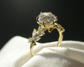 2ct Round Diamond Engagement Ring in  14k Solid Yellow Gold with Marquise and Round Diamond Accents, Moissanite or Lab Grown Diamond Option