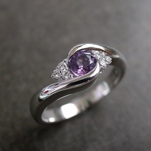 Diamond and Amethyst Engagement Tension Twisted Engagement Ring in 14K White Gold