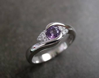 Diamond and Amethyst Engagement Tension Twisted Engagement Ring in 14K White Gold