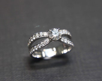 Pave Ring, Vintage Engagement Ring, Unique Diamond Ring in 14K White Gold