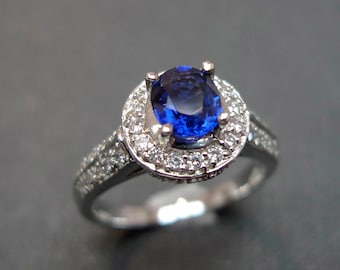 Blue Sapphire Diamond Engagement Ring In 18K White Gold