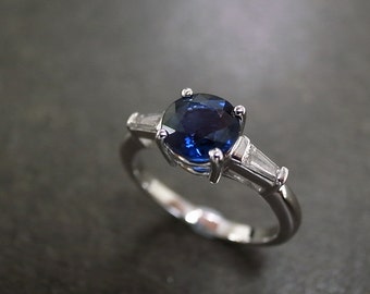 6mm Road Blue Sapphire & Diamond Engagement Ring 14K White Gold, Blue Sapphire Ring, Diamond Ring, Baguette Diamond Ring, Three Stone Ring