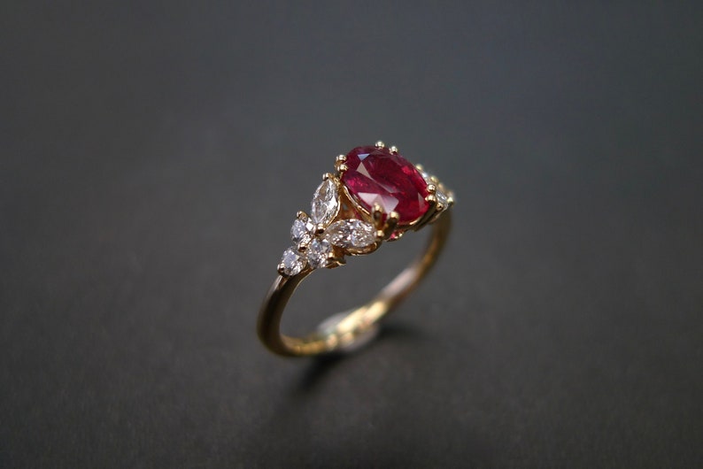 ruby ring, yellow gold ring, marquise ring, unique engagement ring, unique ring, unique jewelry, ruby engagement ring, ruby diamond ring, anniversary ring, anniversary gift, red gemstone, vivd red, pigeon blood, Burma ruby, women engagement ring