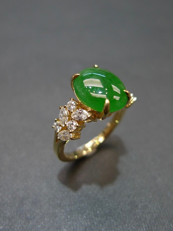 14k Yellow Gold Jade Cabochon & Diamond Ring - Sindur Style