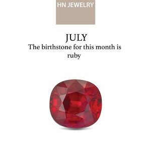 May include: A deep red ruby gemstone, the birthstone for July, is shown on a white background. The text "HN JEWELRY" is in a brown rectangle above the gemstone. The text "JULY" is above the gemstone and the text "The birthstone for this month is ruby" is below the gemstone.