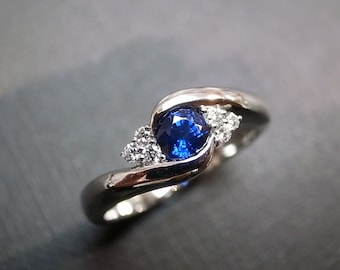 Blue Sapphire and Diamond Engagement Ring, Twist Tension Cluster Moissanite Lab Grown Diamond Women Wedding Ring