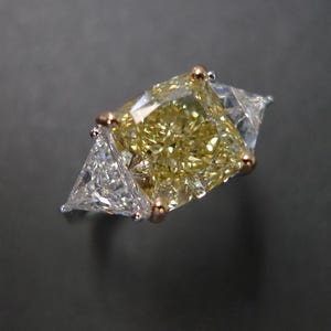 Cushion Yellow Diamond and Triangle Diamonds Ring in 14K White Gold, Moissanite Lab Grown 3ct Fancy Yellow Diamond Wedding Cocktail Ring