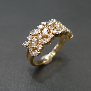Wide Diamond Band Three Row Marquise Diamond Wedding Ring Band in 18K Yellow Gold, Moissanite Lab Created Diamond Engagement Ring