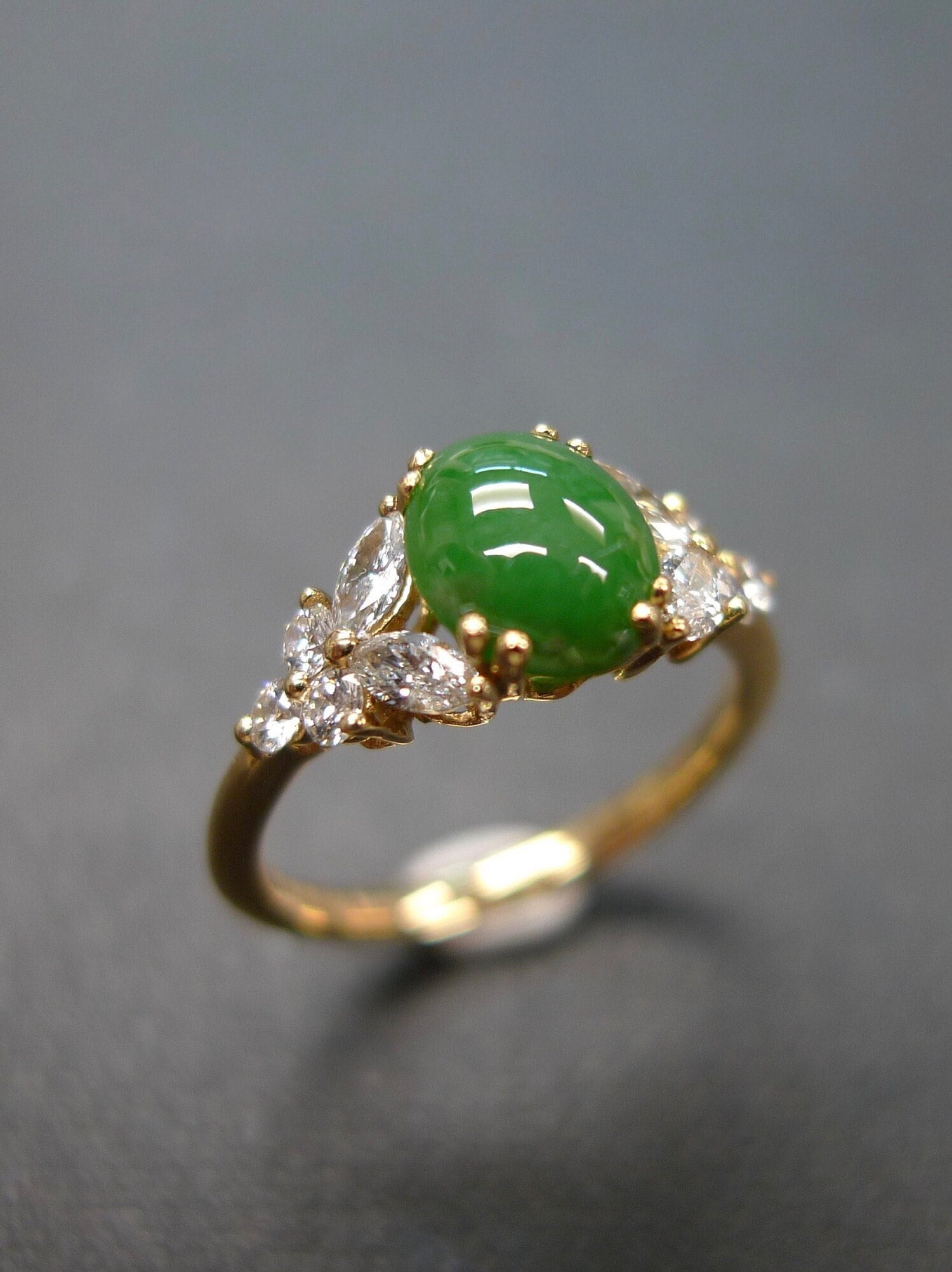 Jade and Marquise Diamond Engagement Wedding Ring Band in 14K Solid Yellow Gold