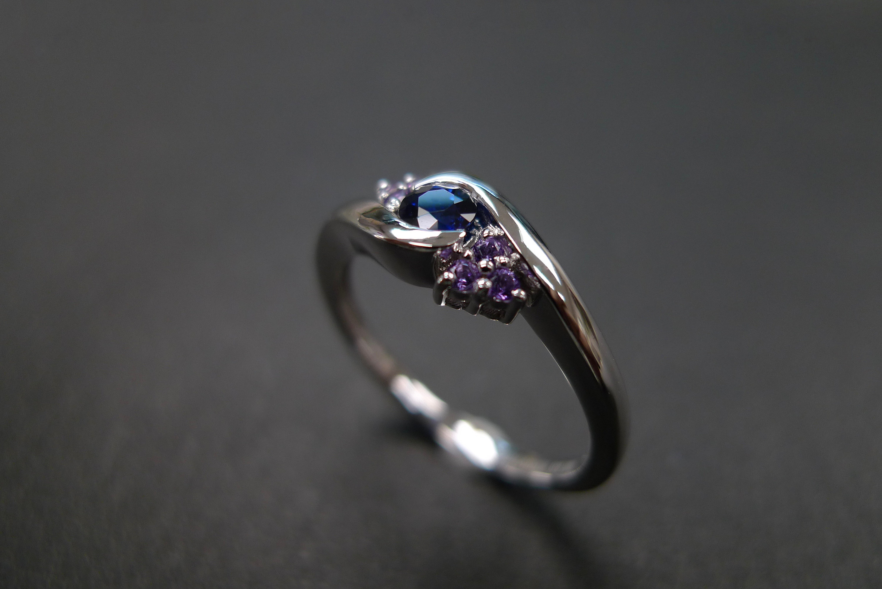 Blue Sapphire With Amethyst Engagement Ring in 14K White Gold