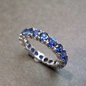 Blue Sapphire Eternity Band in 18K White Gold, Unique Bridal set Wedding Ring for Women, Sapphire Jewelry Matching Wedding Bands