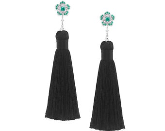 3-In-1 High Quality Natural Emerald and Diamonds Tassel Dangle Drop Earrings in 18K White Gold