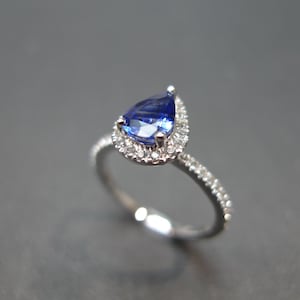 Natural Pear Cut Blue Sapphire and White Sapphire Engagement Ring in 14K White Gold
