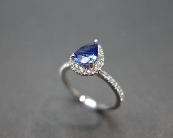 Natural Pear Cut Blue Sapphire and White Sapphire Engagement Ring in 14K White Gold