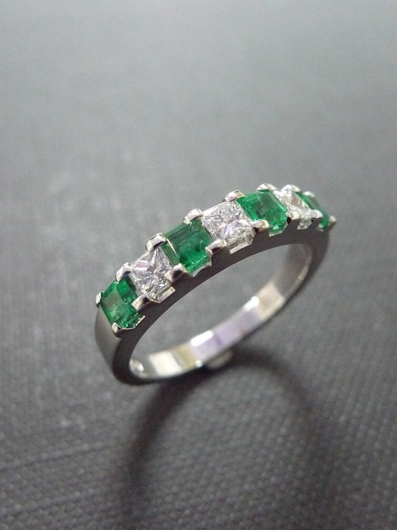 Emerald Princess Diamond Wedding Ring Band, Vintage Unique White