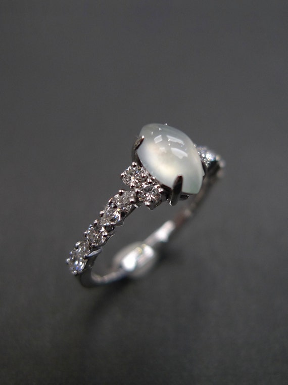 White Jade and Diamond Engagement Ring in 14K Solid White Gold, Lab Grown Diamond Moissanite Stone Wedding Jewelry for Women Gift