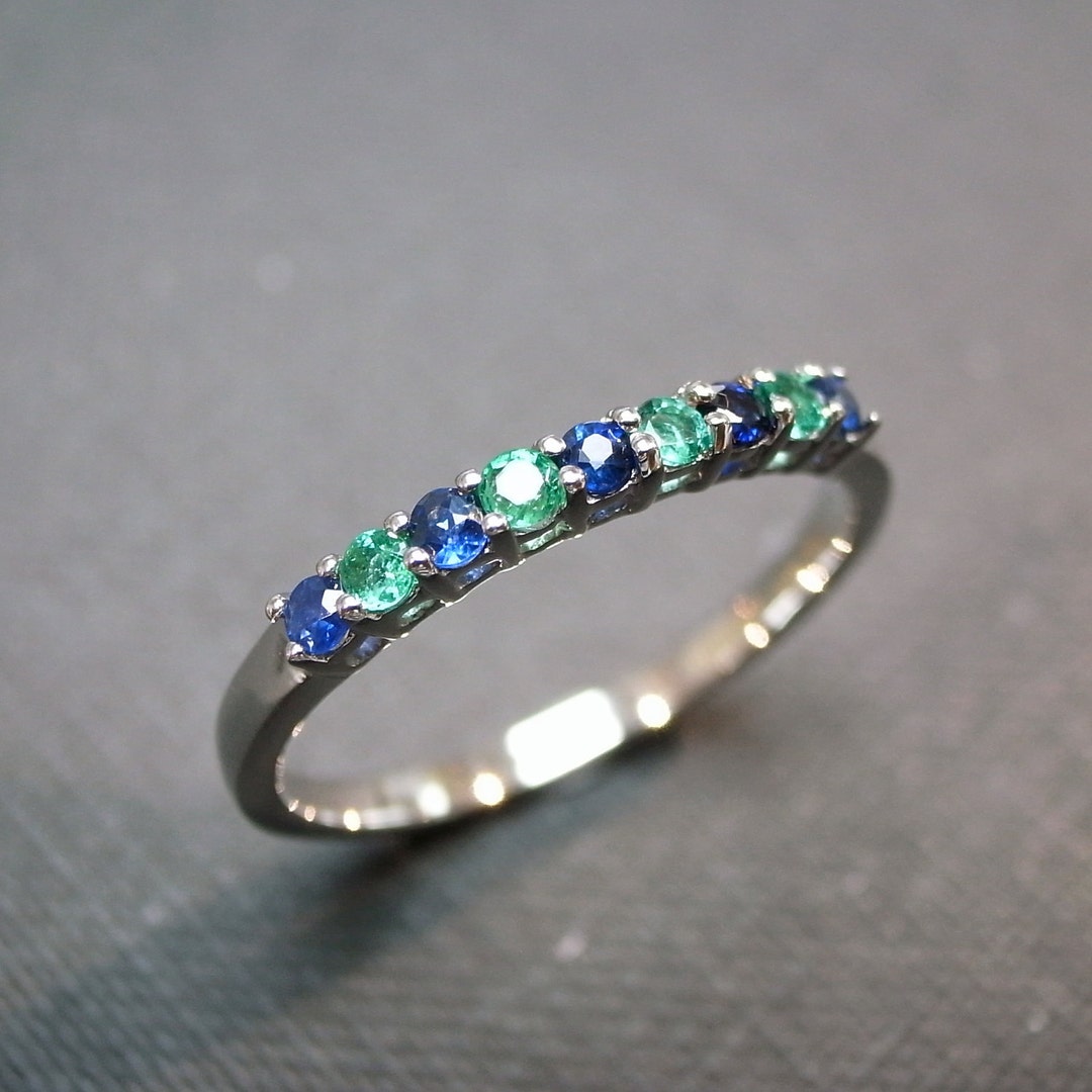 Blue Sapphire and Emerald Unique Wedding Ring Stackable - Etsy