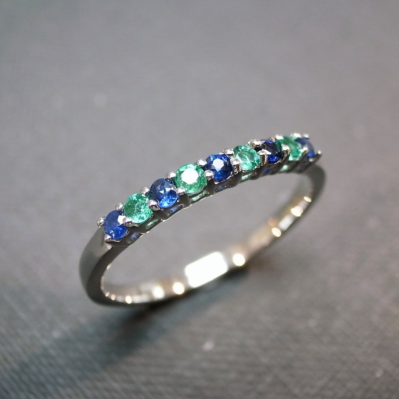 Blue Sapphire and Emerald Wedding Ring Stackable Rings in 14 - Etsy