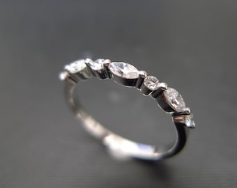 One Row Thin Marquise Diamond Wedding Ring Band In 14K White Gold