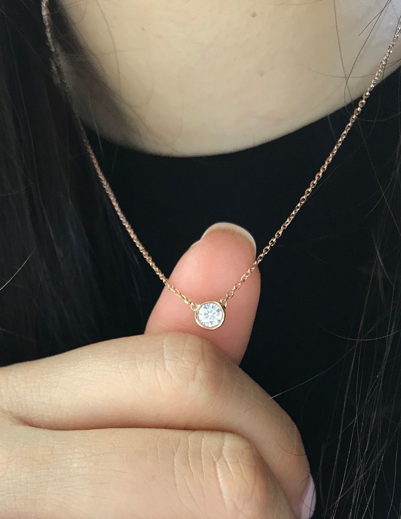 0.25ct Bezel Set Solitaire Diamond Necklace in Rose, Yellow, and White Gold, everyday necklace, Dainty Jewelry, Delicate necklace image 3