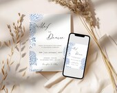 bridgerton theme, dusty blue wedding invitation, floral invitation, elegant and timeless, editable on Canva, vintage floral invitation