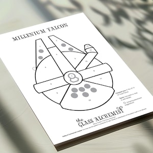 May include: A black and white diagram of the Millennium Falcon spaceship, with numbered sections for a stained glass project. The text "Millennium Falcon" is at the top. The finished size is 5" W x 8" H.