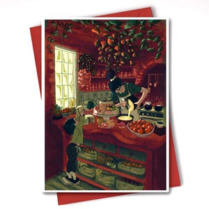 May include: An illustrated greeting card depicting a kitchen scene. A person is pouring liquid onto a cake, while another person reaches up. The kitchen has a red color scheme with fruits and vegetables.