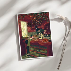 May include: An illustrated print depicting a cozy kitchen scene. A person is pouring a liquid over a cake, while another person looks on. The kitchen is filled with fruits, vegetables, and hanging plants, creating a warm, inviting atmosphere.
