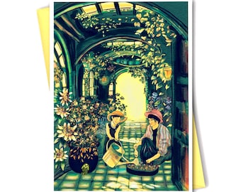 Handmade greeting card, card with A6 envelope, colorful flowers and child illustration